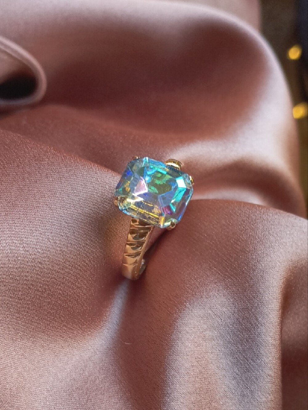 Gold-Tone Ring with Iridescent Square Crystal - Women Jewelry